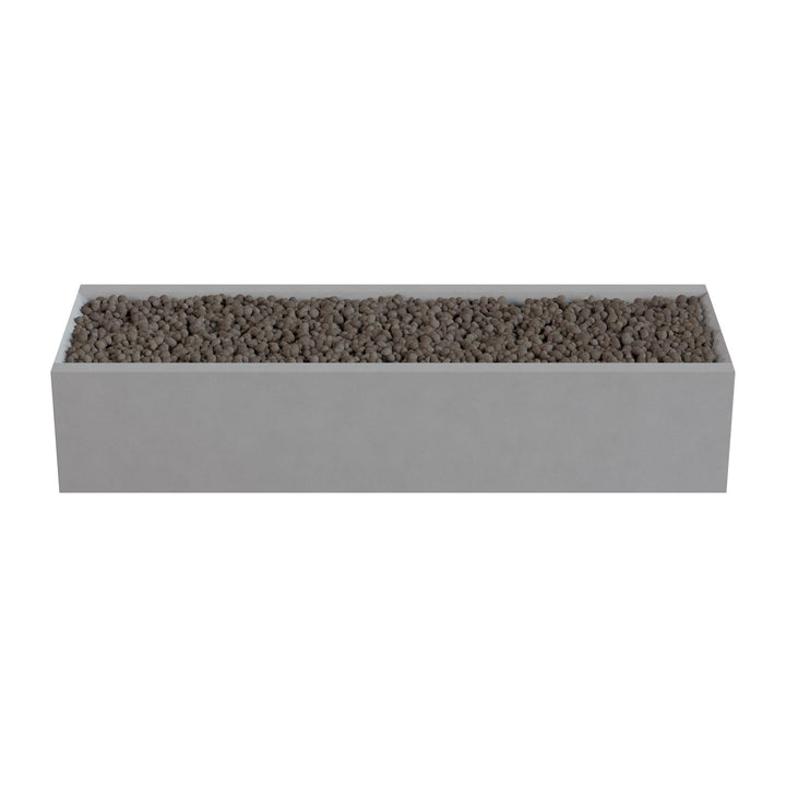 A rectangular gray planter box filled with small rocks or pebbles.