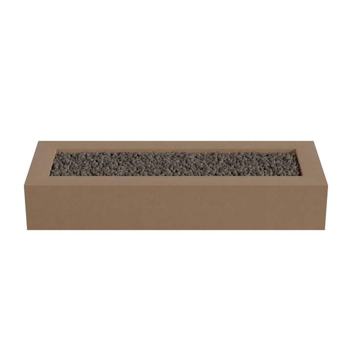 A rectangular planter box filled with small rocks or pebbles.