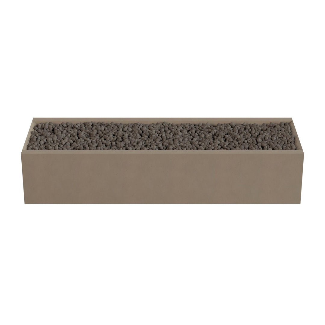 A rectangular planter box filled with small rocks or pebbles.