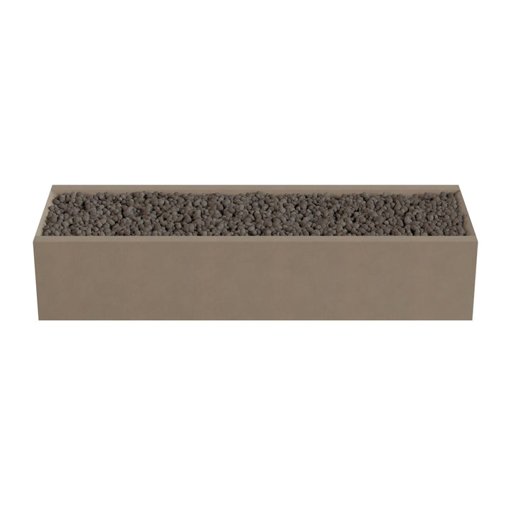 A rectangular planter box filled with small rocks or pebbles.