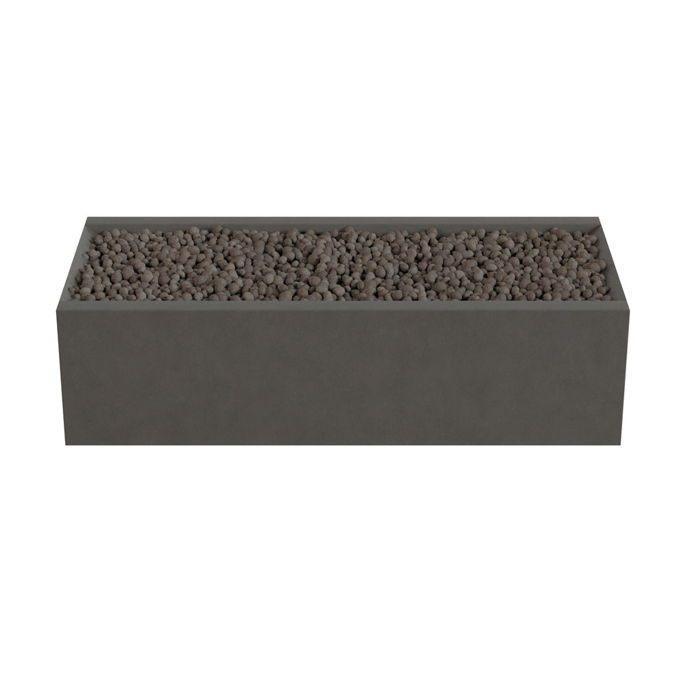 A rectangular gray planter box filled with small rocks or pebbles.