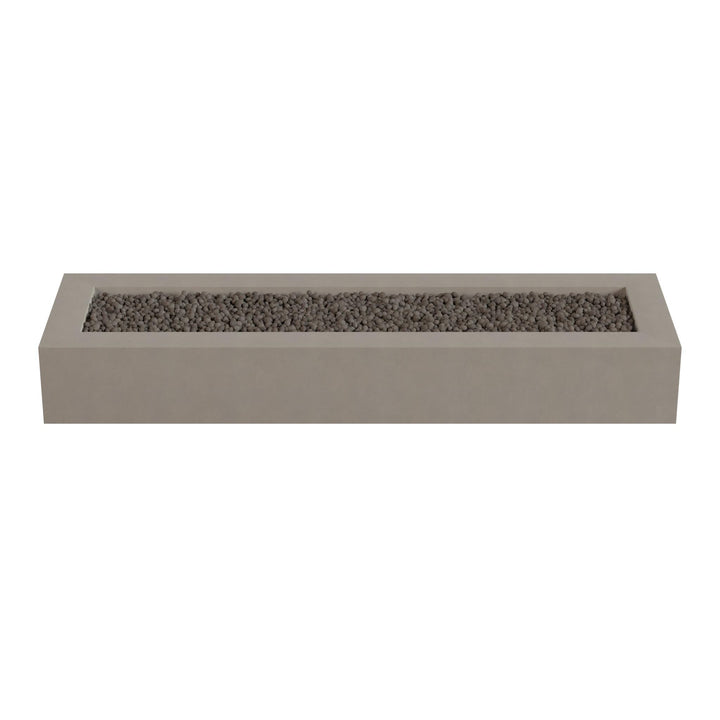 A rectangular concrete planter filled with small rocks or pebbles.