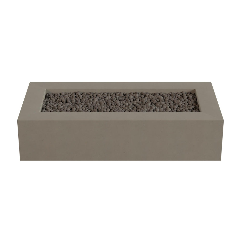 A rectangular concrete planter filled with small rocks or pebbles.
