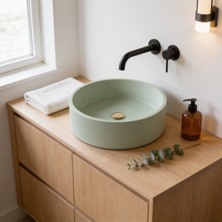 a bathroom sink with a green circular basin, a wooden cabinet, and a bottle of soap on the countertop.