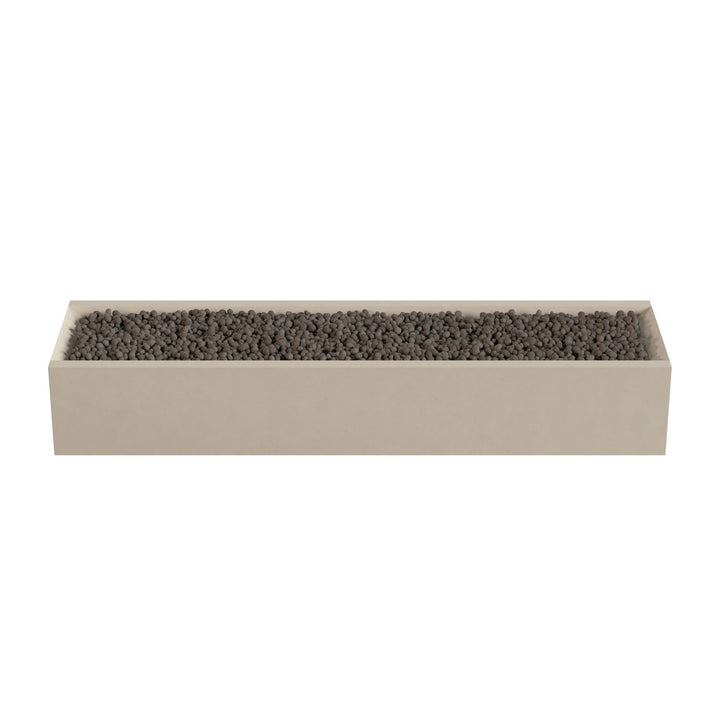 A rectangular planter box filled with small rocks or pebbles.