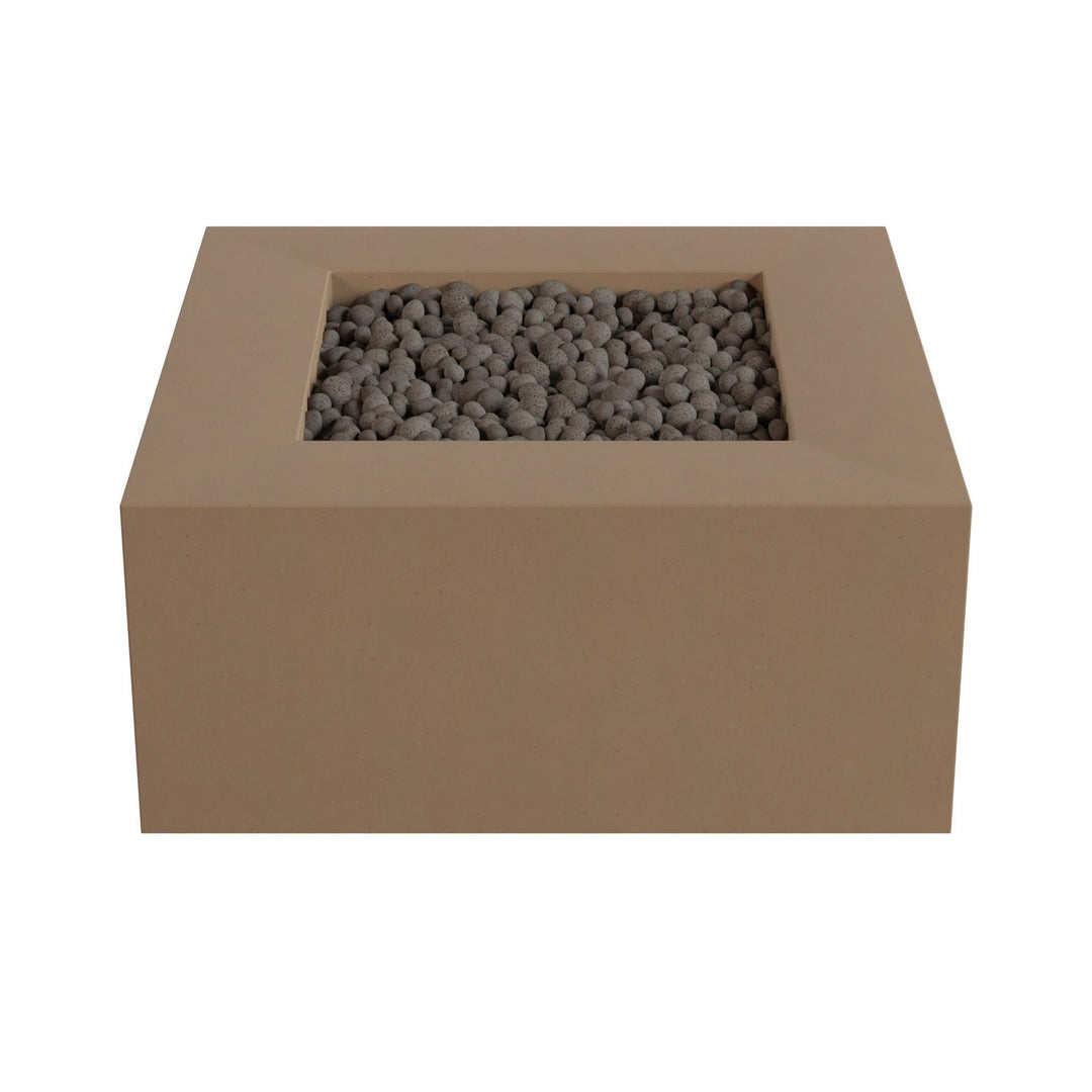 A rectangular, beige-colored container filled with small, dark-colored stones or pebbles.