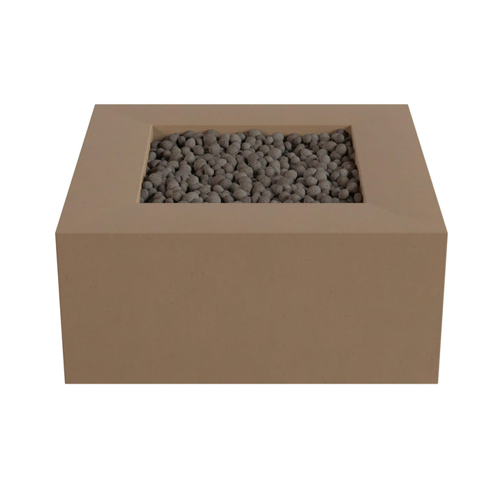 A rectangular, beige-colored container filled with small, dark-colored stones or pebbles.