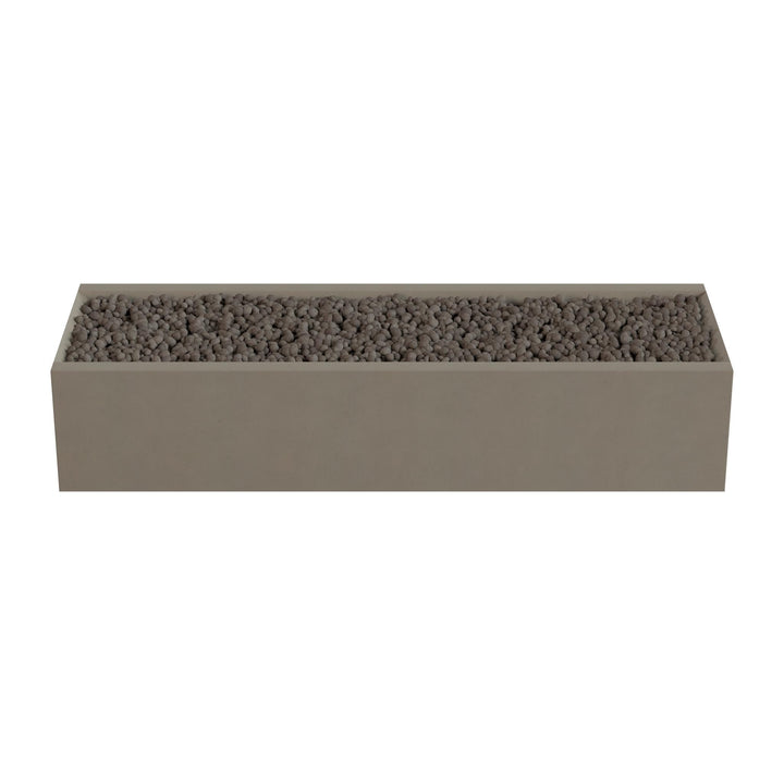 A rectangular planter box filled with small rocks or pebbles.