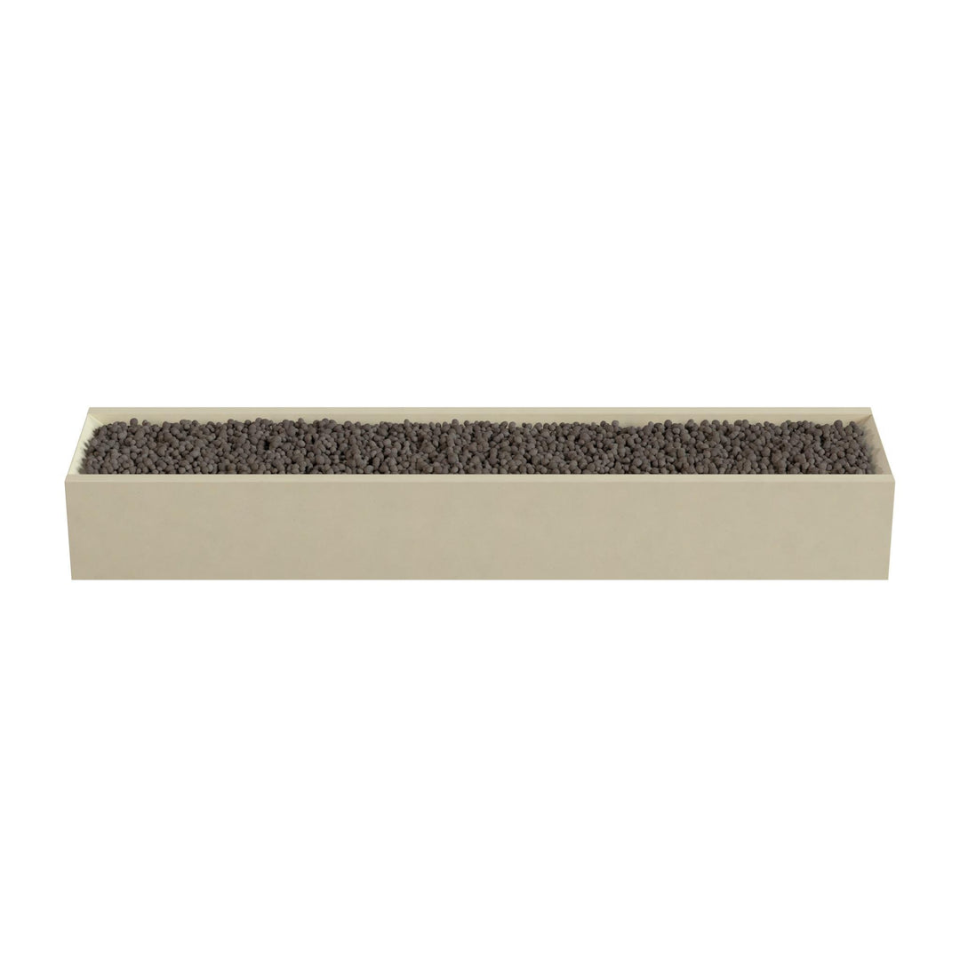 A rectangular planter box filled with small rocks or pebbles.
