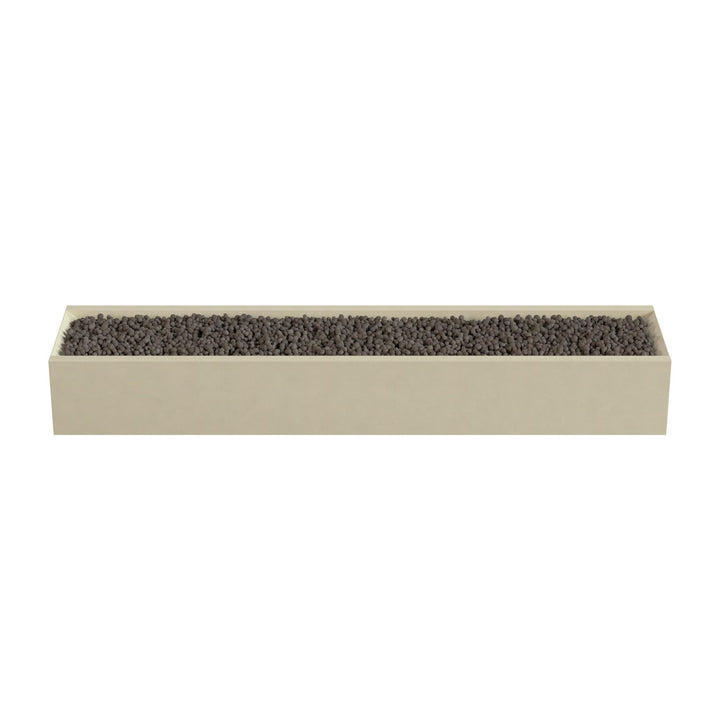 A rectangular planter box filled with small rocks or pebbles.