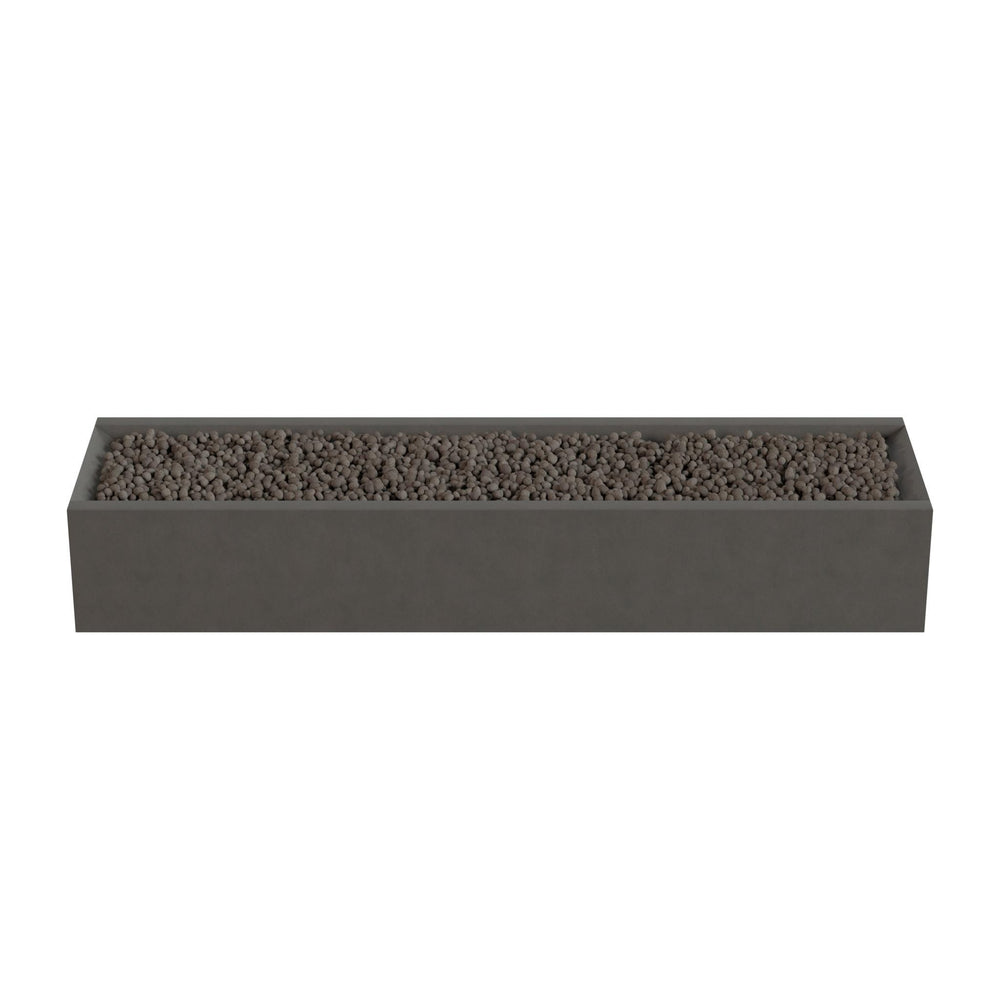 A rectangular planter box filled with small rocks or pebbles.