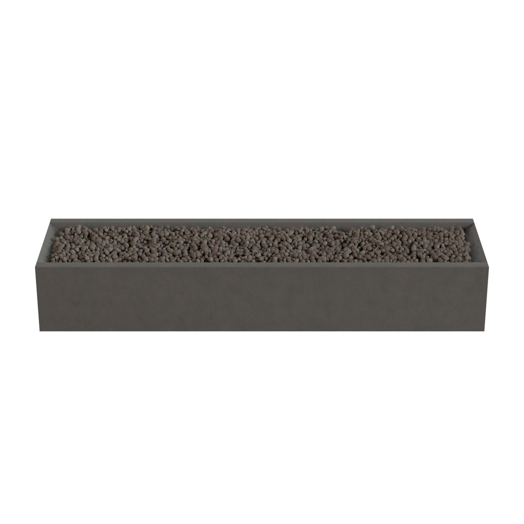 A rectangular planter box filled with small rocks or pebbles.