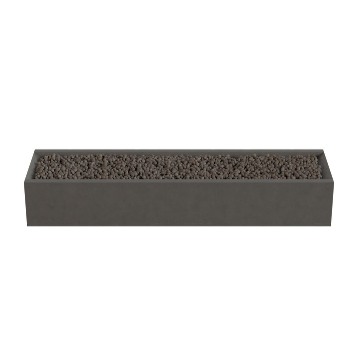 A rectangular planter box filled with small rocks or pebbles.