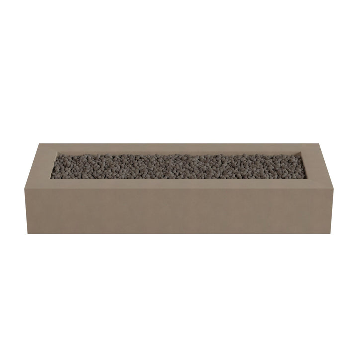 A rectangular concrete planter box filled with small rocks or pebbles.