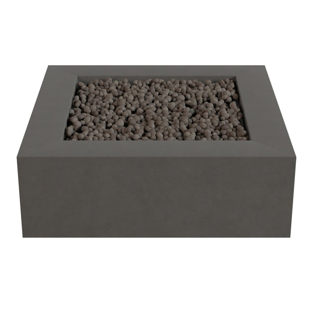 A gray rectangular planter filled with small rocks or pebbles.