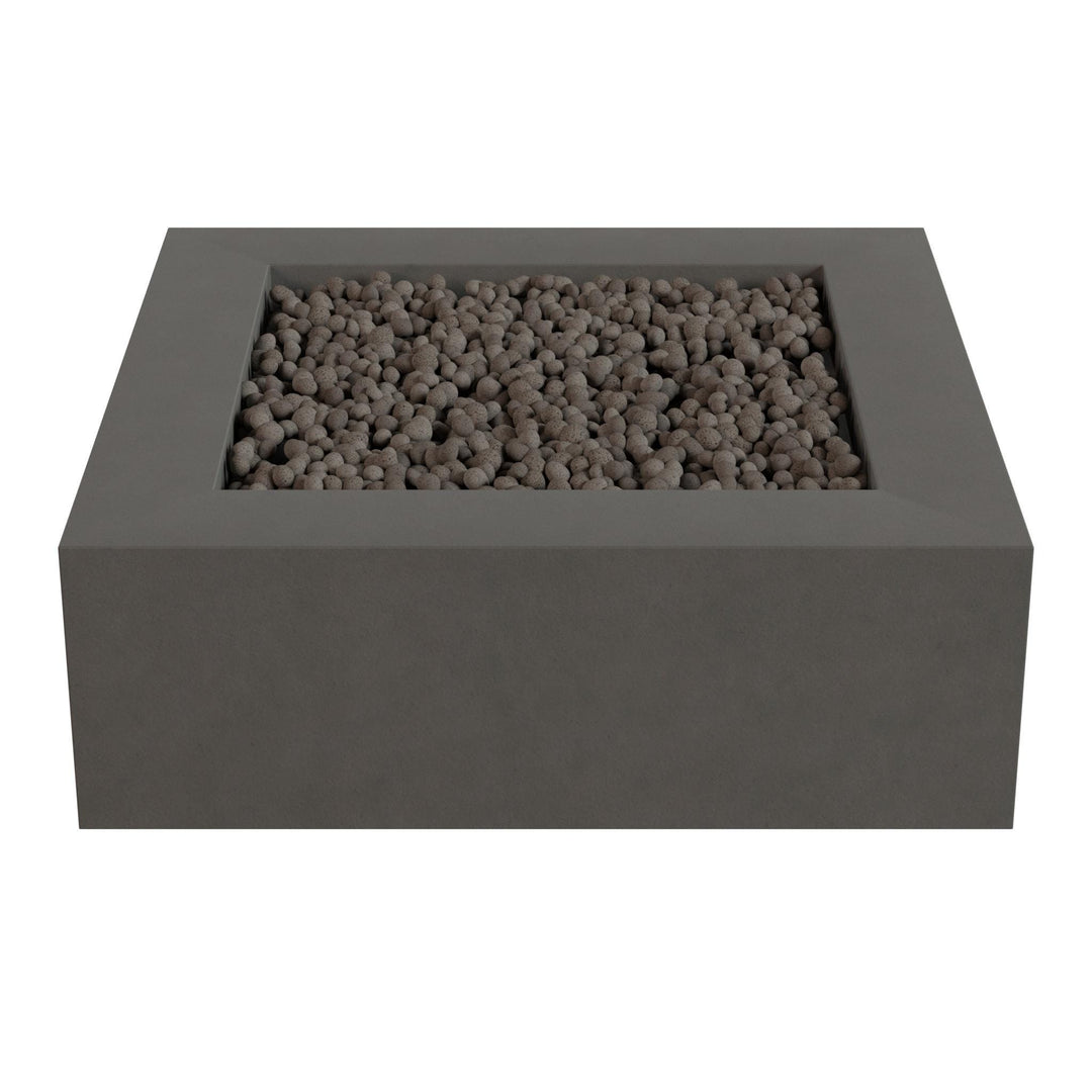 A gray rectangular planter filled with small rocks or pebbles.