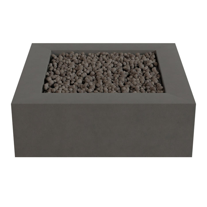 A gray rectangular planter filled with small rocks or pebbles.