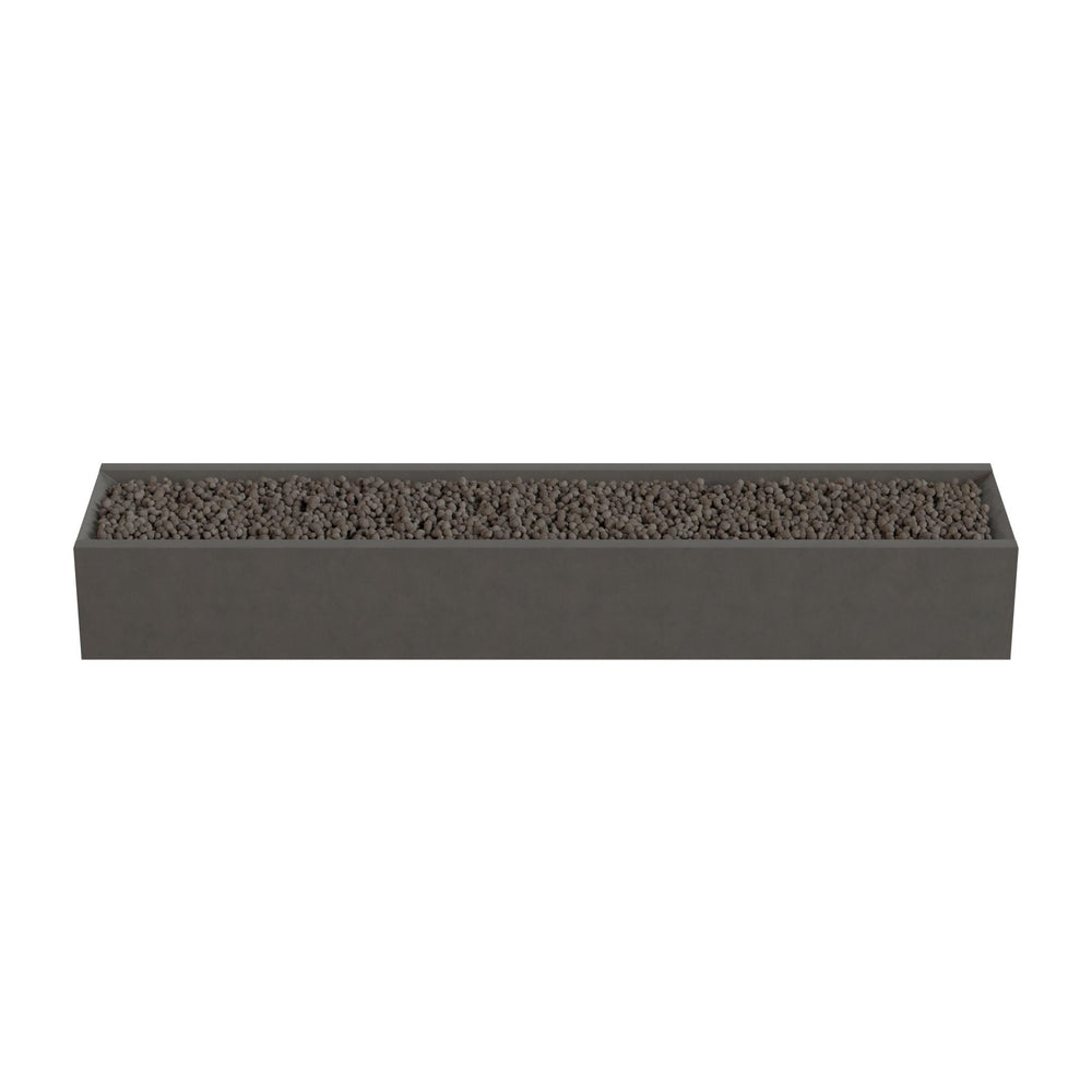 A rectangular planter box filled with small rocks or pebbles.