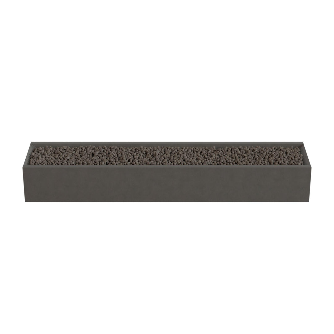 A rectangular planter box filled with small rocks or pebbles.