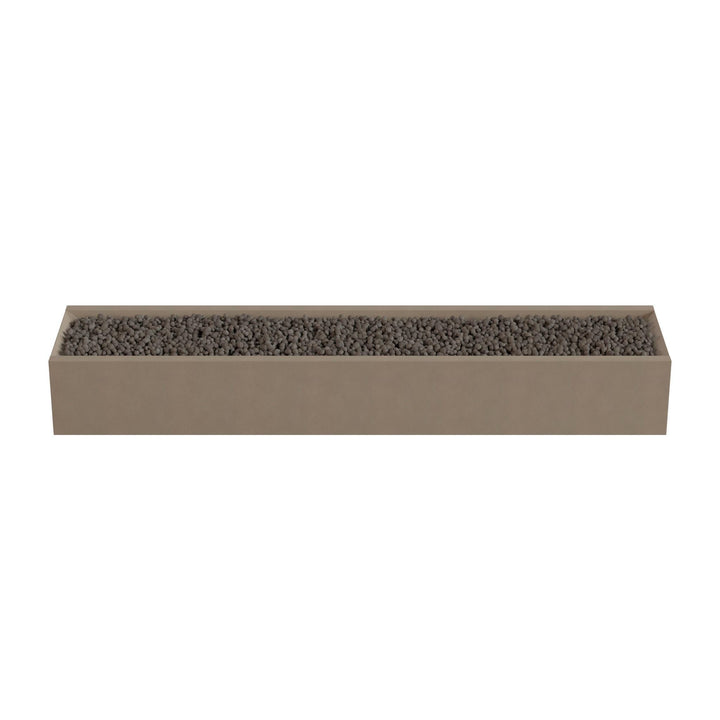A rectangular planter box filled with small rocks or pebbles.