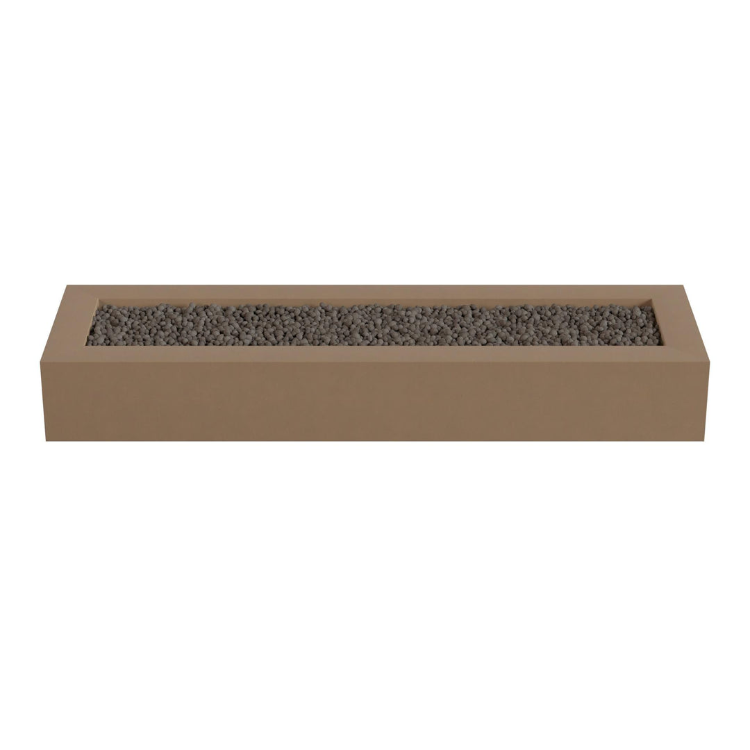 A rectangular planter box filled with small rocks or pebbles.