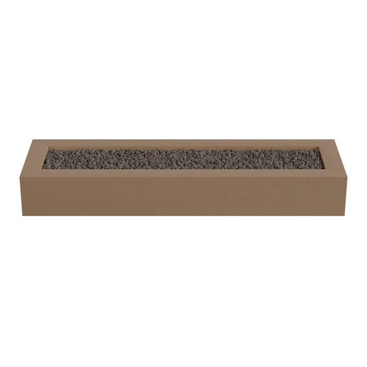 A rectangular planter box filled with small rocks or pebbles.
