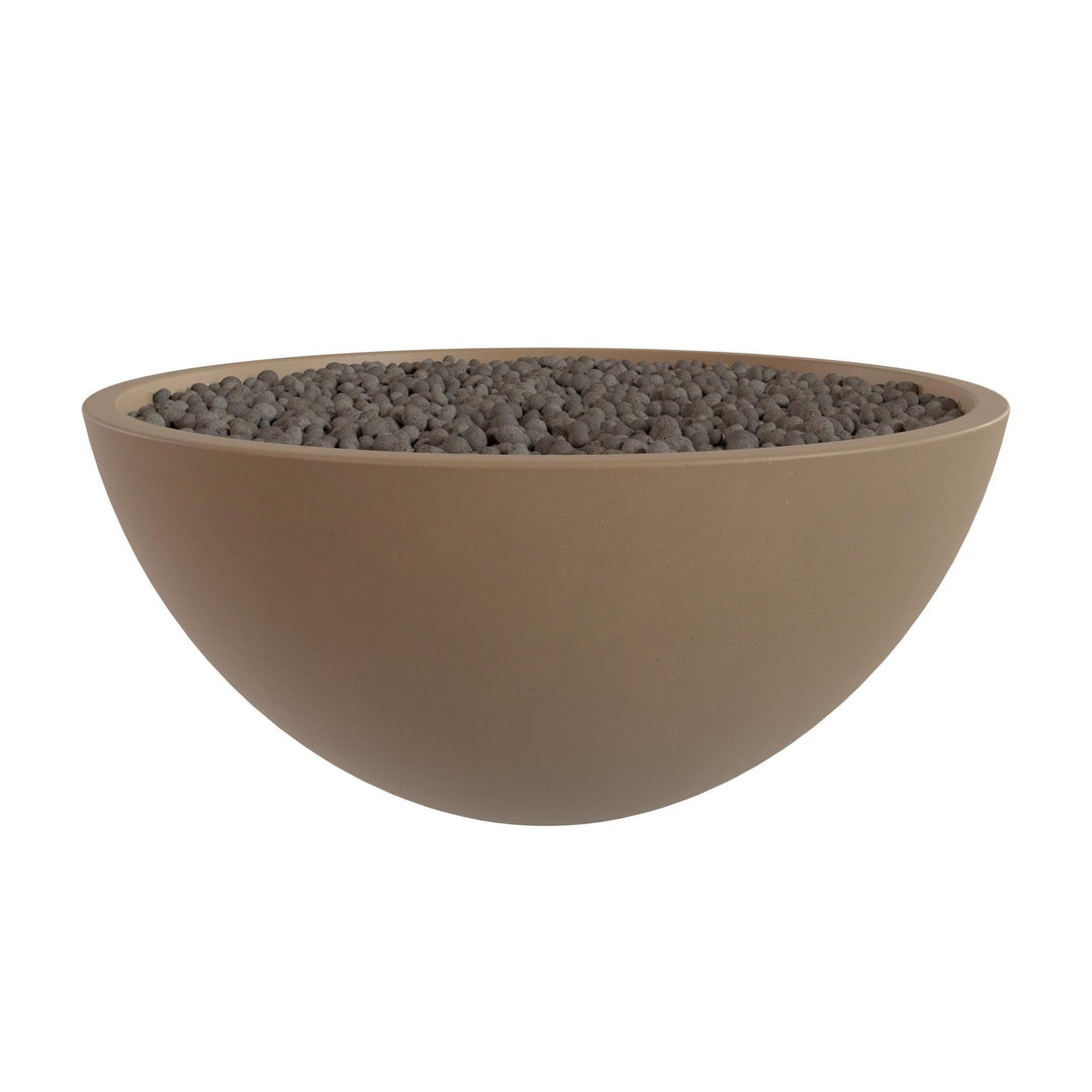 A large, round, brown bowl filled with small, dark-colored stones or pebbles.