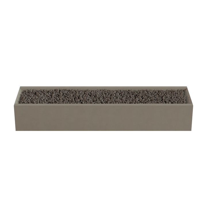 A rectangular planter box filled with small rocks or pebbles.