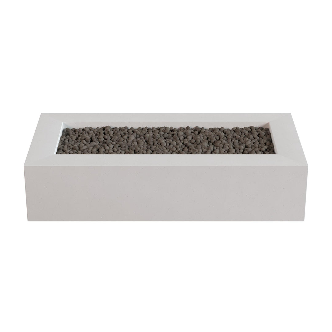 A rectangular white planter box filled with small gray stones or pebbles.
