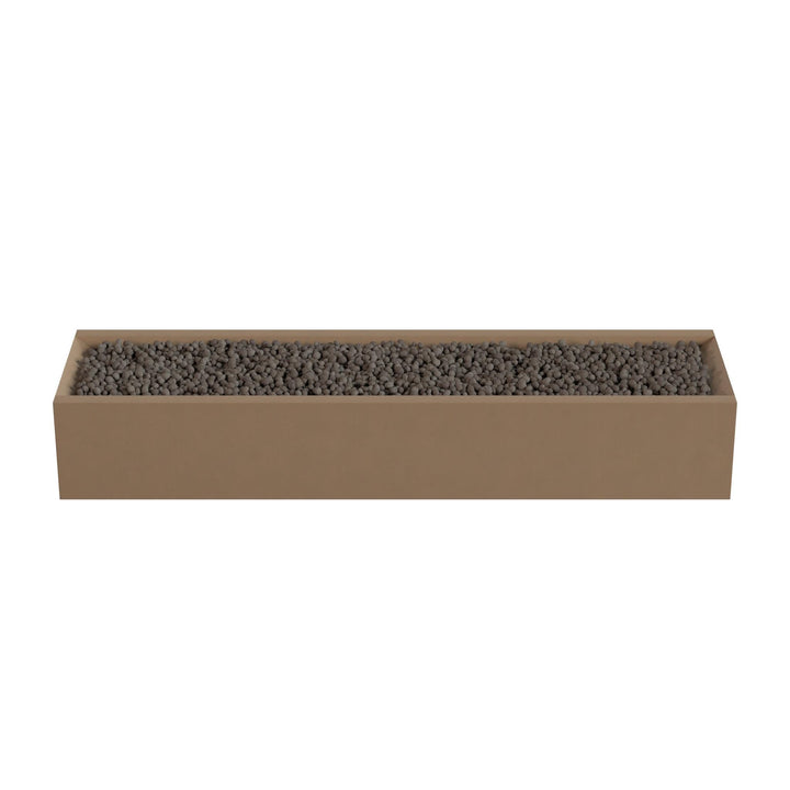 A rectangular planter box filled with small rocks or pebbles.