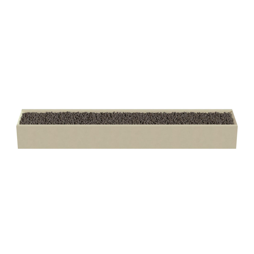A rectangular planter box filled with small dark objects, such as soil or gravel, is shown against a white background.