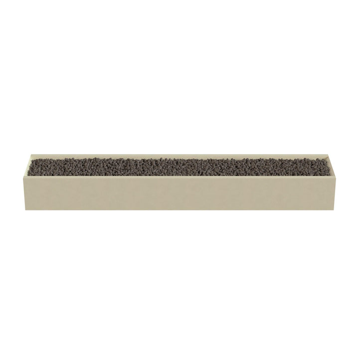 A rectangular planter box filled with small dark objects, such as soil or gravel, is shown against a white background.