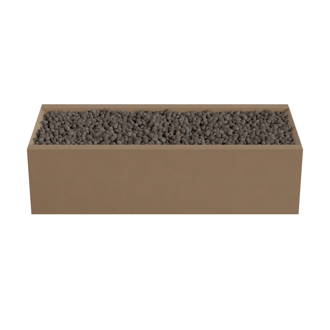 A rectangular planter box filled with small rocks or pebbles.