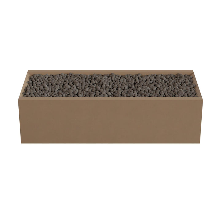 A rectangular planter box filled with small rocks or pebbles.