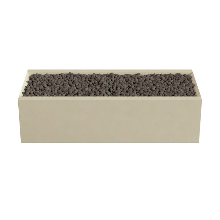 A rectangular planter box filled with small, dark-colored stones or pebbles.
