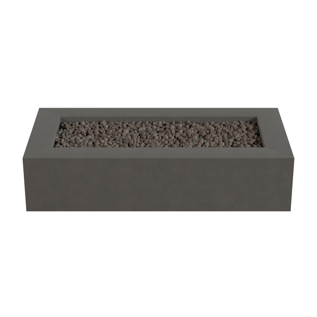 A rectangular gray planter with a bed of small rocks or pebbles inside.
