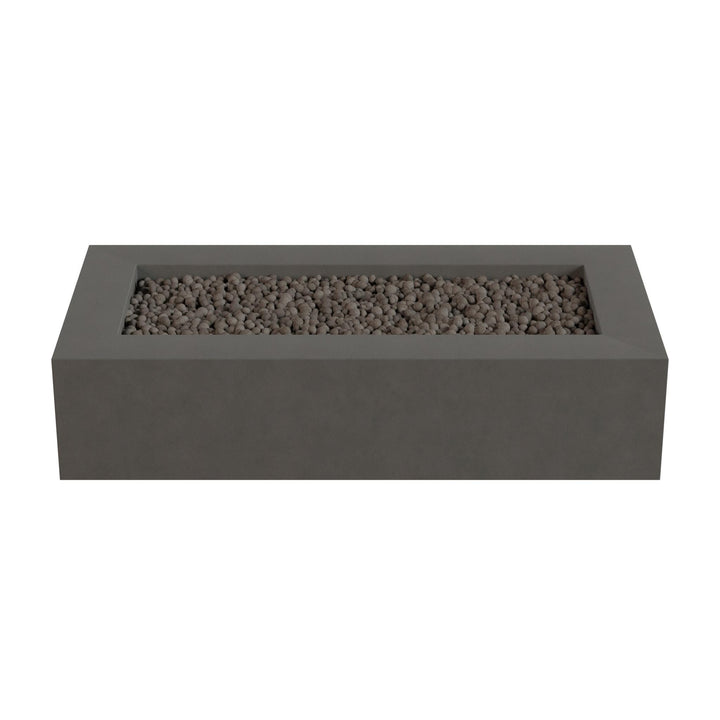 A rectangular gray planter with a bed of small rocks or pebbles inside.