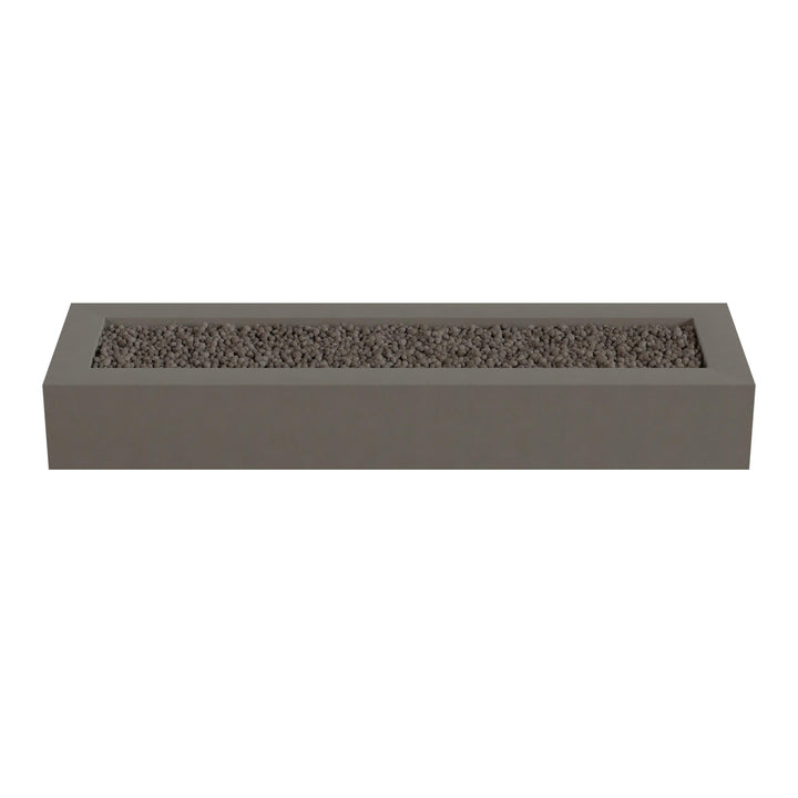 A rectangular gray planter box filled with small rocks or pebbles.