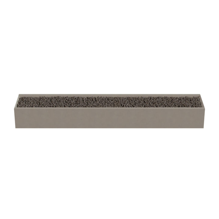 A rectangular planter box filled with small rocks or pebbles.