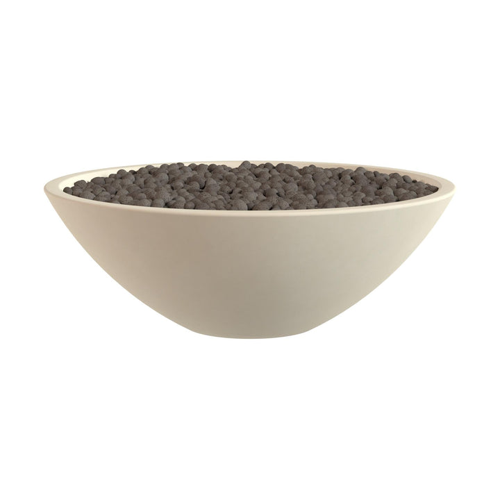 A white bowl filled with dark-colored objects, possibly beads or small stones.