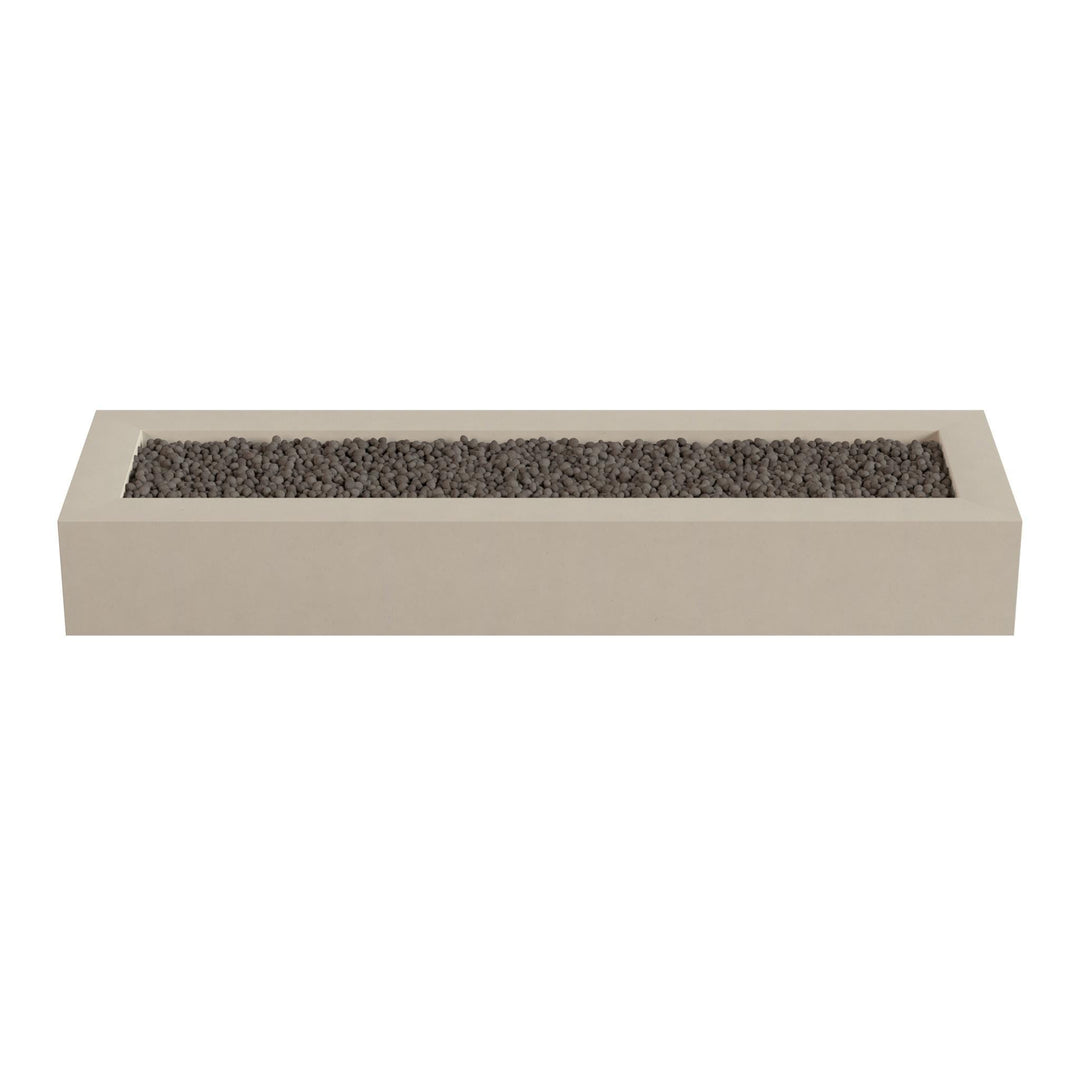 A rectangular concrete planter filled with small rocks or pebbles.