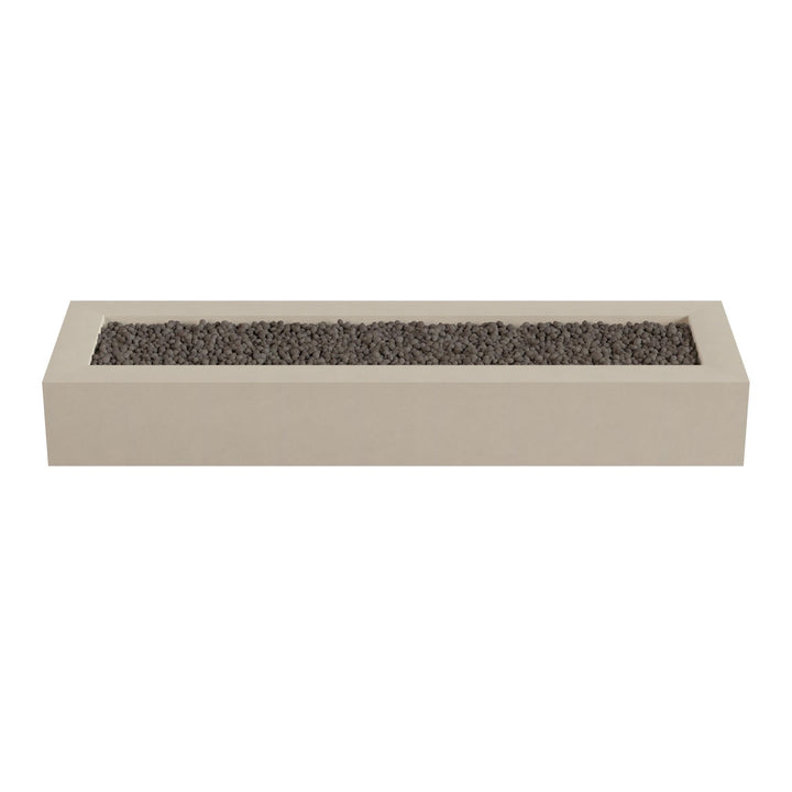 A rectangular concrete planter filled with small rocks or pebbles.