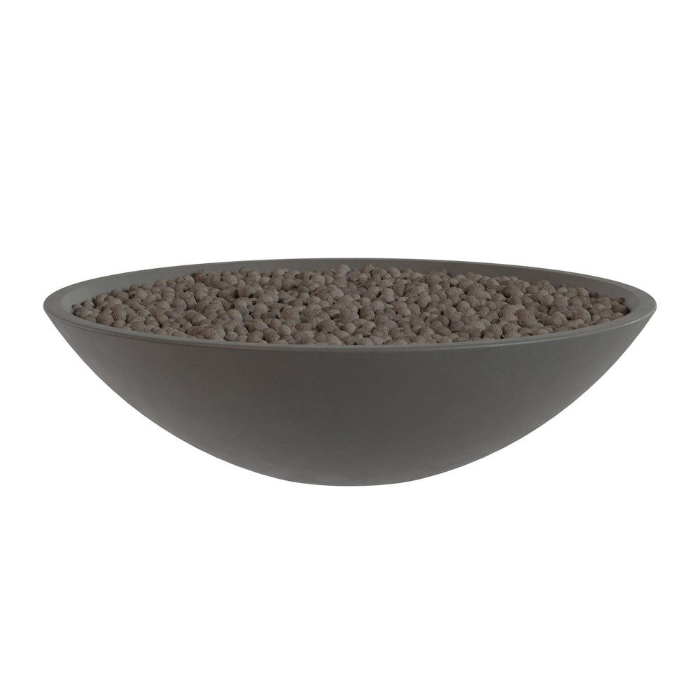 A gray bowl filled with small, round objects, likely pebbles or stones, is shown against a white background.