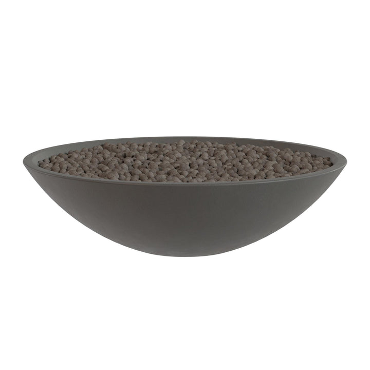 A gray bowl filled with small, round objects, likely pebbles or stones, is shown against a white background.