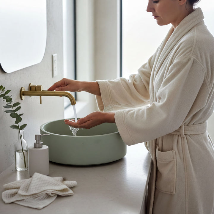 A woman in a white robe is washing her hands in a green bowl sink, with a white soap dispenser and a small plant nearby.