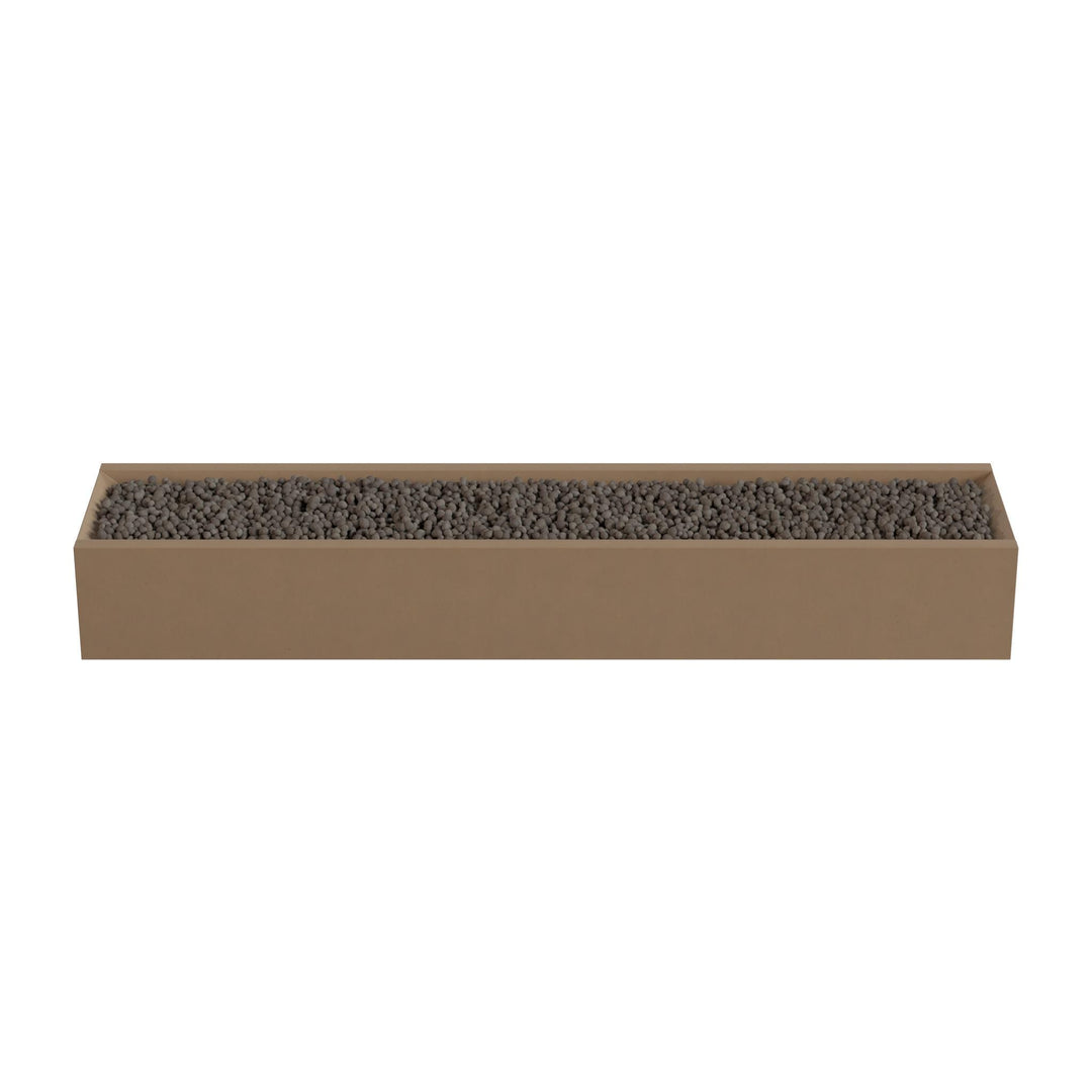 A rectangular planter box filled with small rocks or pebbles.