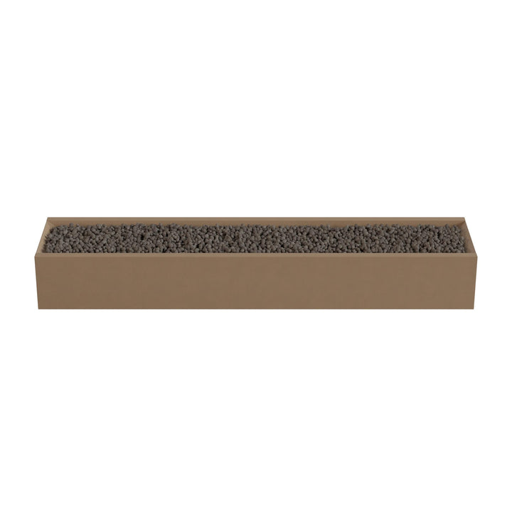 A rectangular planter box filled with small rocks or pebbles.