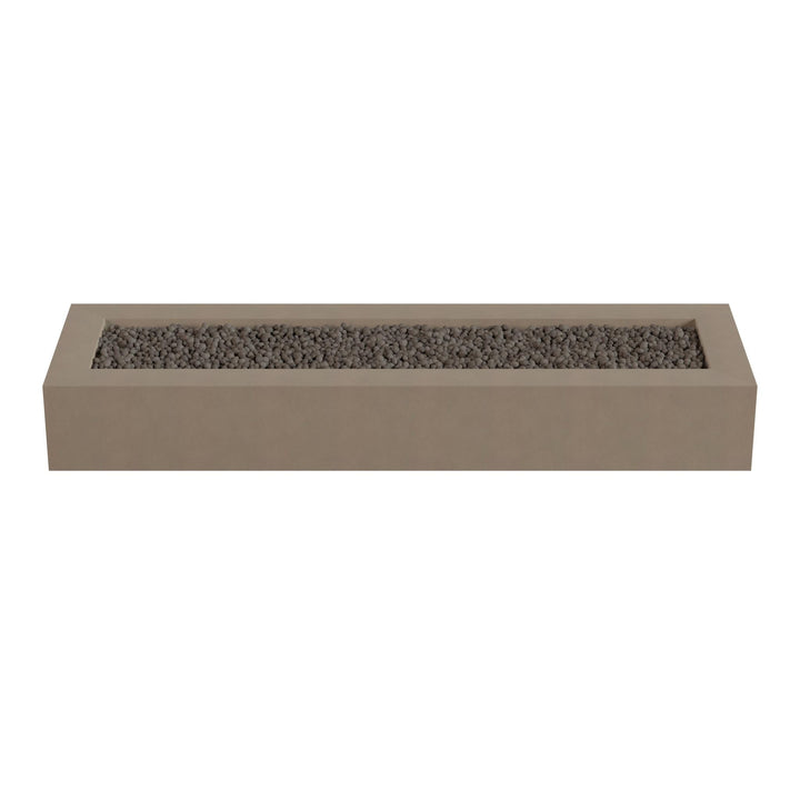 A rectangular concrete planter box filled with small rocks or pebbles.