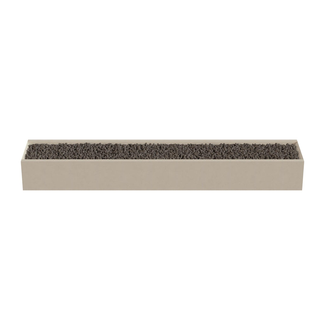 A rectangular planter box filled with small rocks or pebbles.