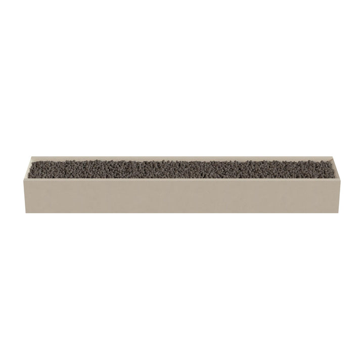 A rectangular planter box filled with small rocks or pebbles.